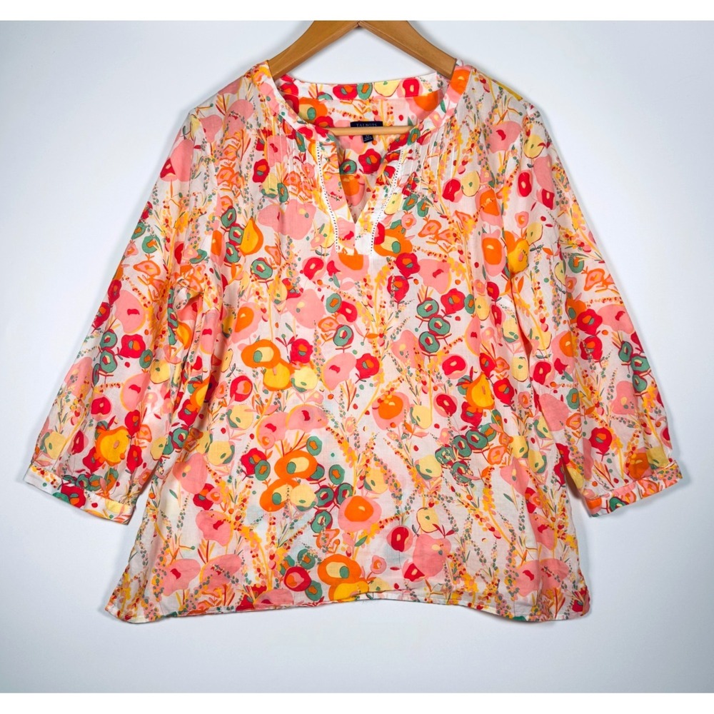 Talbots Blouse Large Petite Pink Orange Floral Abstract Lightweight Boho Peasant